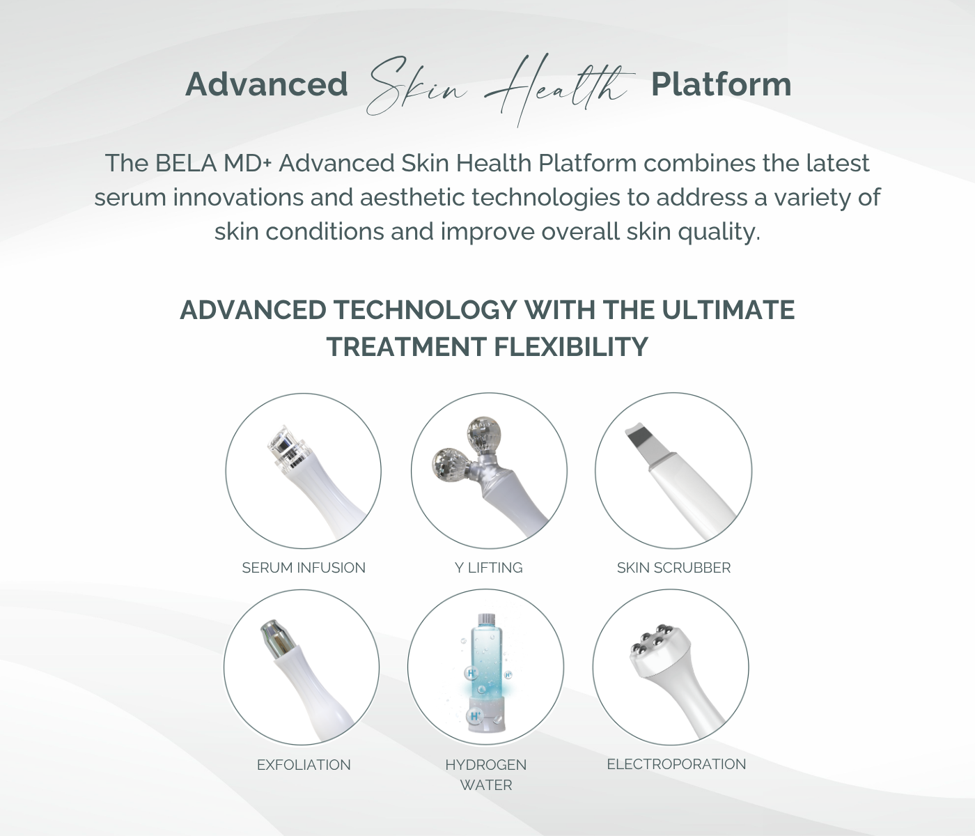 The BELA MD+ Advanced Skin Health Platform combines the latest serum innovations and aesthetic technologies to address a variety of skin conditions and improve overall skin quality.